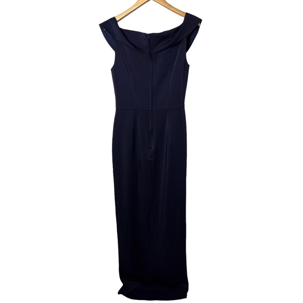 La Femme Surplice Off The Shoulder Column Gown Navy Blue Size 10 Pleaded Bodice - Picture 5 of 8